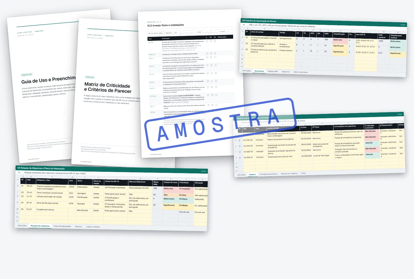 Guia de uso, matriz de criticidade, checklist em A4 e as planilhas de apreciação de riscos, de manutenção e de relação de máquinas dispostos lado a lado