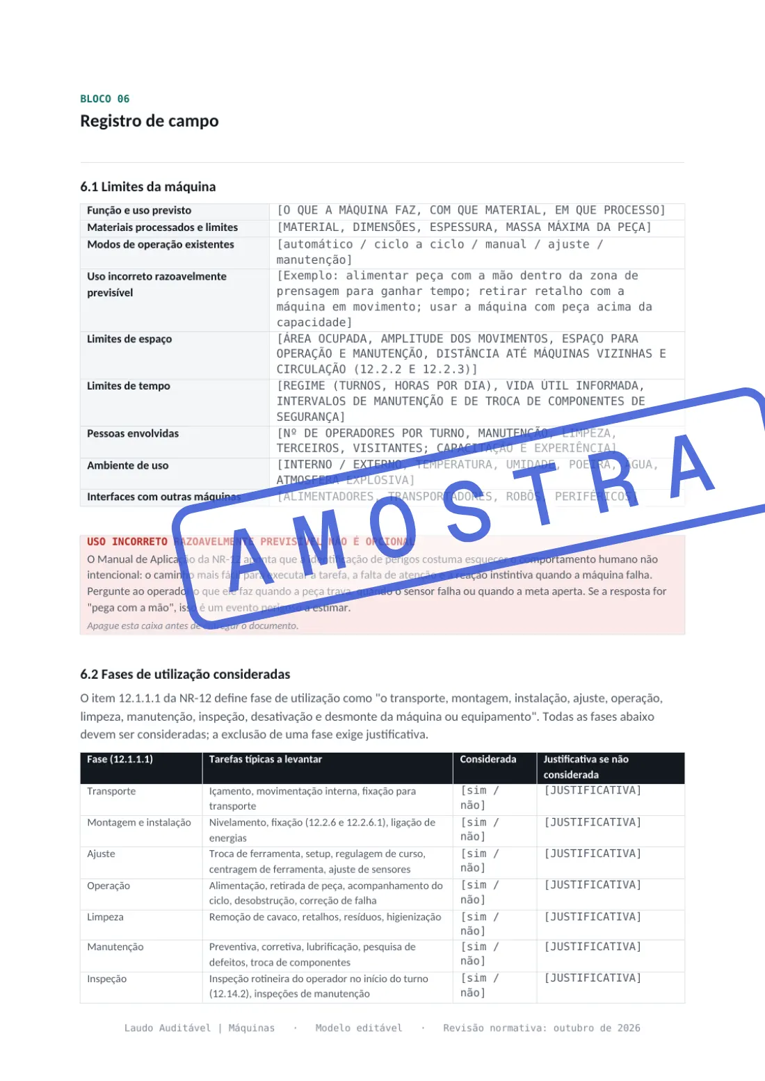 Página do Bloco 06 da Apreciação de Riscos de Máquina, com limites da máquina e zonas de perigo