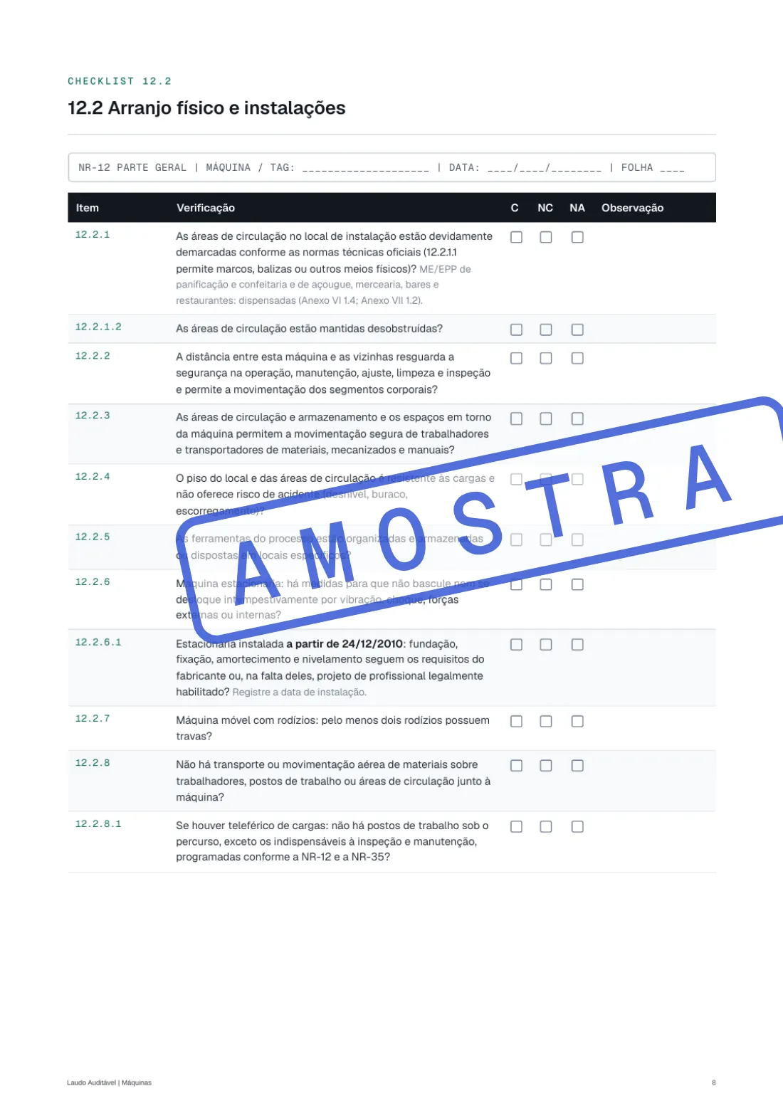 Página do Checklist de Inspeção NR-12, parte geral, item 12.2 arranjo físico e instalações, com colunas C, NC e NA