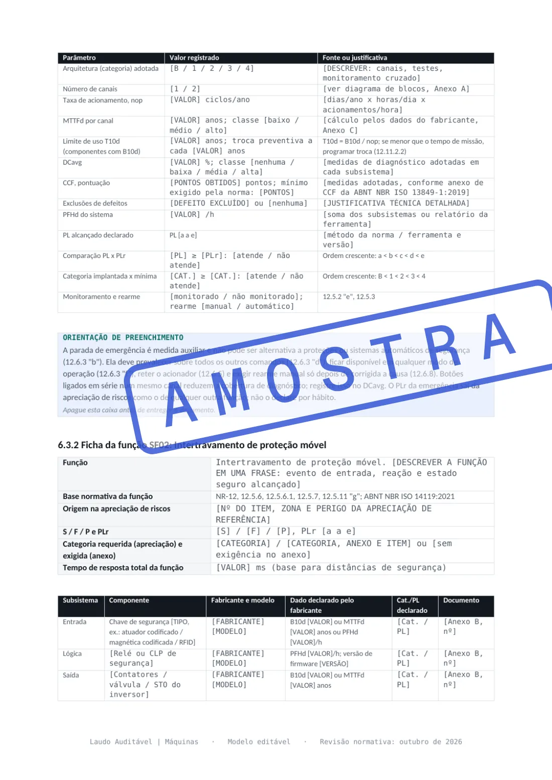 Página do Memorial de Categoria de Segurança e Nível de Desempenho, com a ficha de uma função de segurança