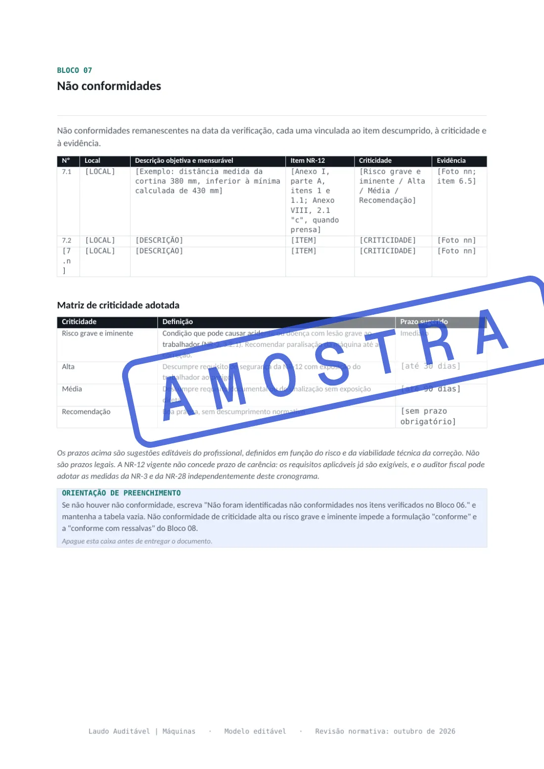 Página do Bloco 07 do Laudo de Conformidade NR-12, com a tabela de não conformidades e a matriz de criticidade
